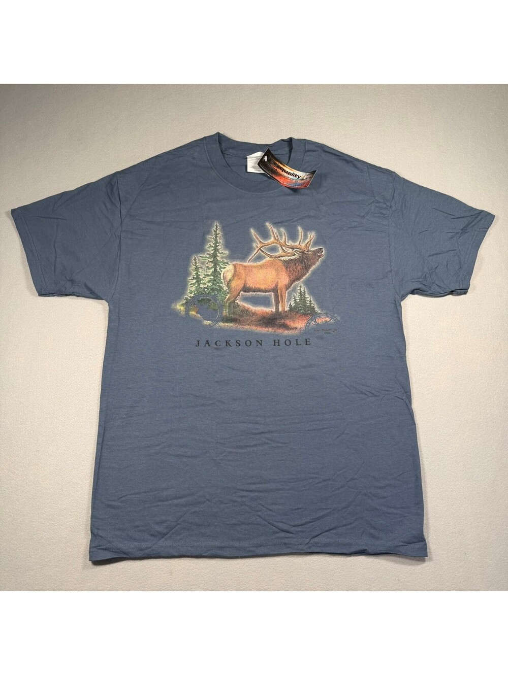 Vintage NWT Jackson Hole Wyoming T-Shirt Elk Wildlife Art Blue Adult L Deadstock